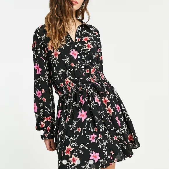 Free People - Lighten Up - Mini dress with flowers Floral Black and Pink Size M - Picture 7 of 7